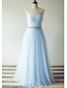 Strapless Sky Blue Pleated Tulle Long Prom Dress With Beaded Belt